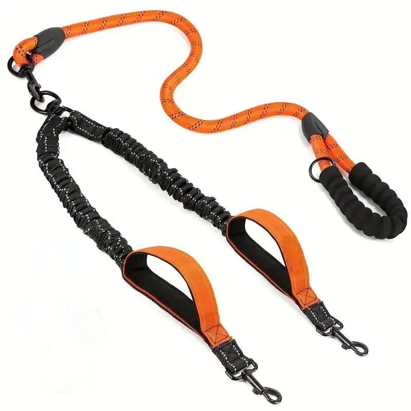 Double Dog Leash with Tangle-Free Swivel and Comfort Grip – Orange