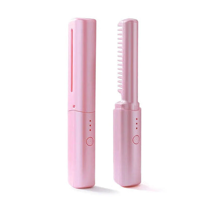Travel-Ready Hair Styling Brush and Straightener – Pink