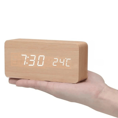 Natural Wood Digital Desk Clock with LED Display and Alarm Feature – Wooden