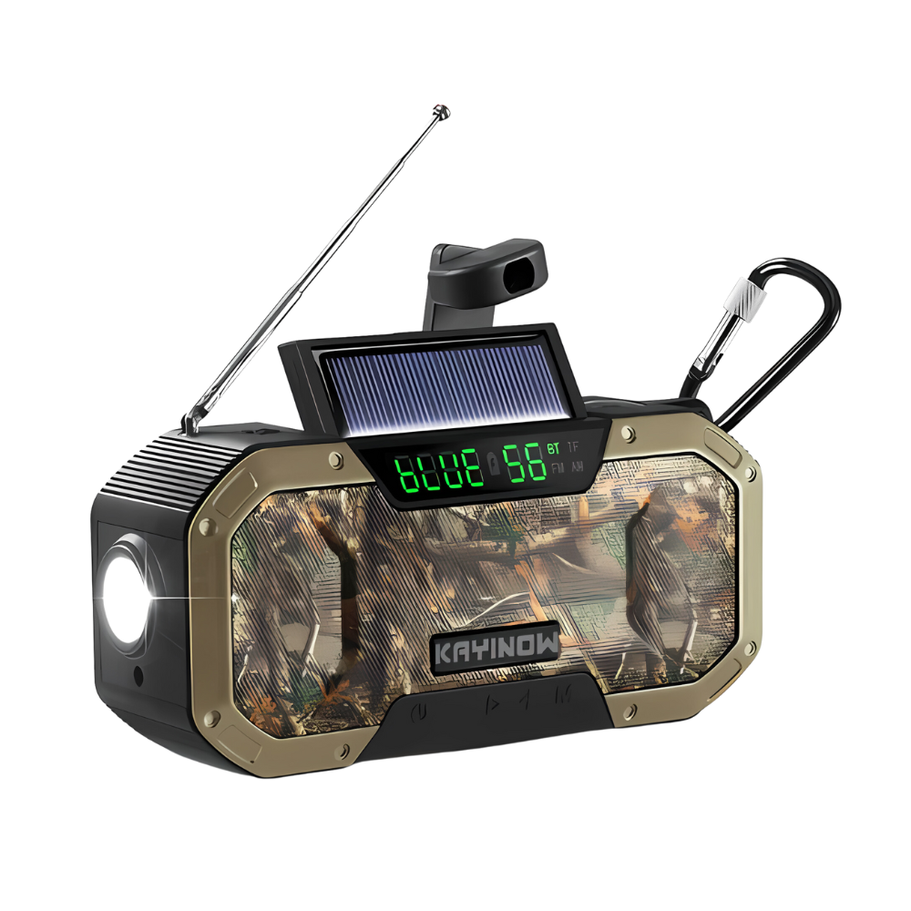 Emergency Radio with Solar and Hand Crank, Power Bank & LED Light – Brown