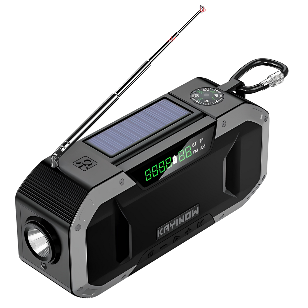 Emergency Radio with Solar and Hand Crank, Power Bank & LED Light – Black