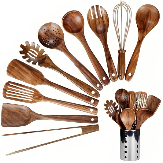 11-Piece Teak Kitchen Utensil Set with Holder – Natural Finish – Brown