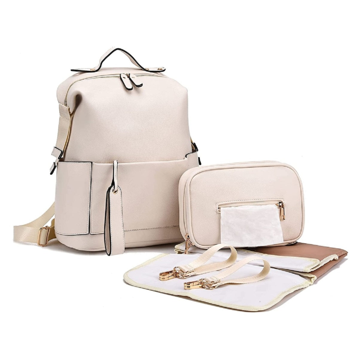 Travel Backpack for Maternity - Versatile Leather Diaper Bag – Beige