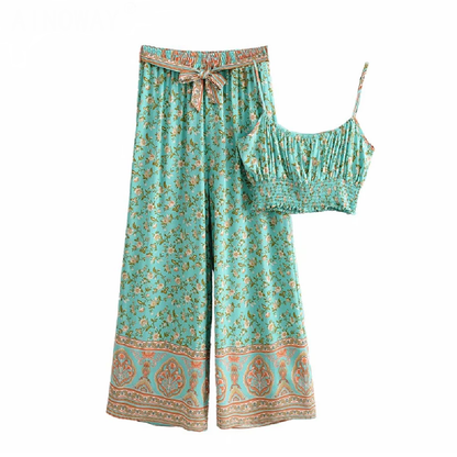 Bohemian Floral Print Suit for Women in Vintage Style – Green 2