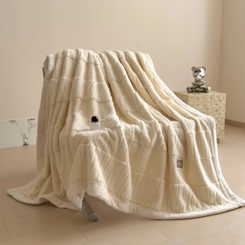 Reversible Velvet Comfort Blanket | Jacquard Coral Fleece Winter Throw – Cream White