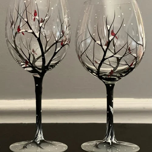 Hand-Painted Art Wine Glasses - Tree of the Four Seasons – Winter