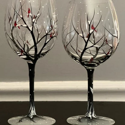 Hand-Painted Art Wine Glasses - Tree of the Four Seasons – Winter