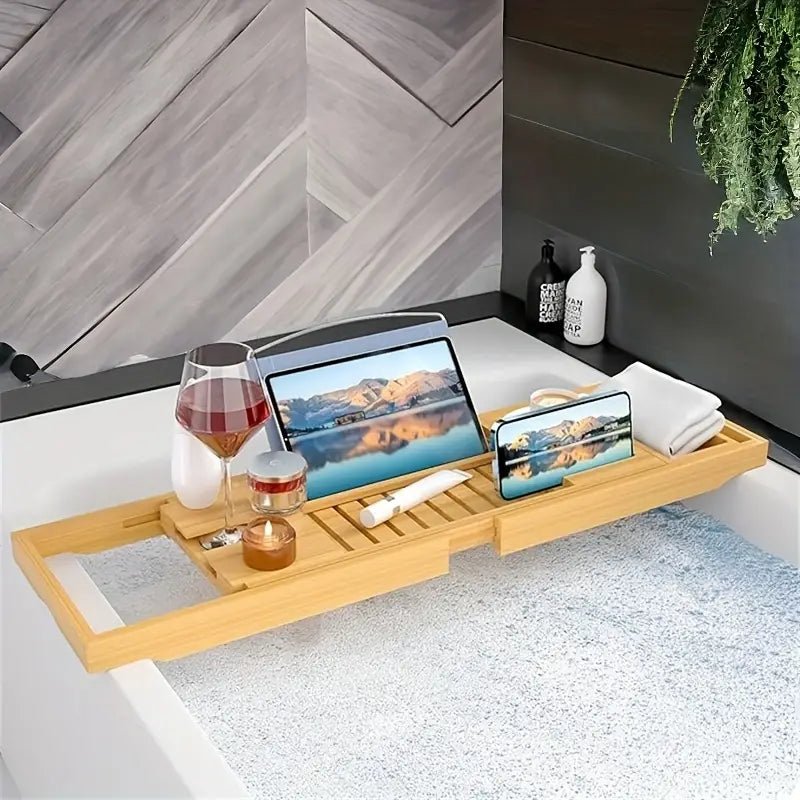 Extendable Bamboo Bath Tray with Wine Glass & Book Holder