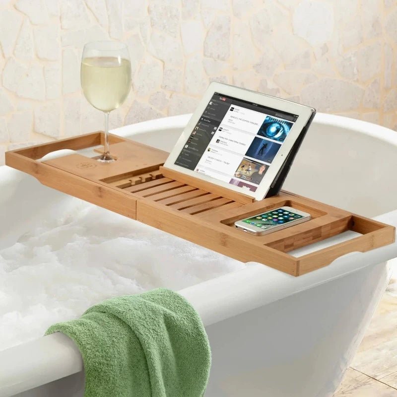 Extendable Bamboo Bath Tray with Wine Glass & Book Holder
