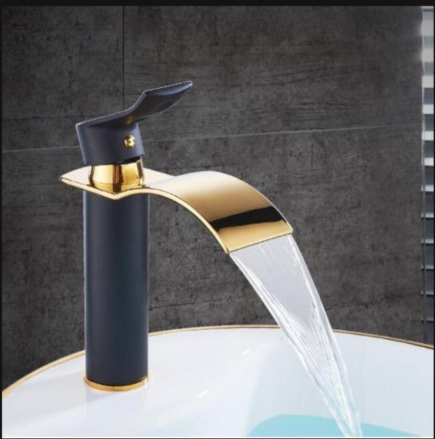 Brass Waterfall Mixer Tap for Vanity Sink Faucet – Black and Gold Short