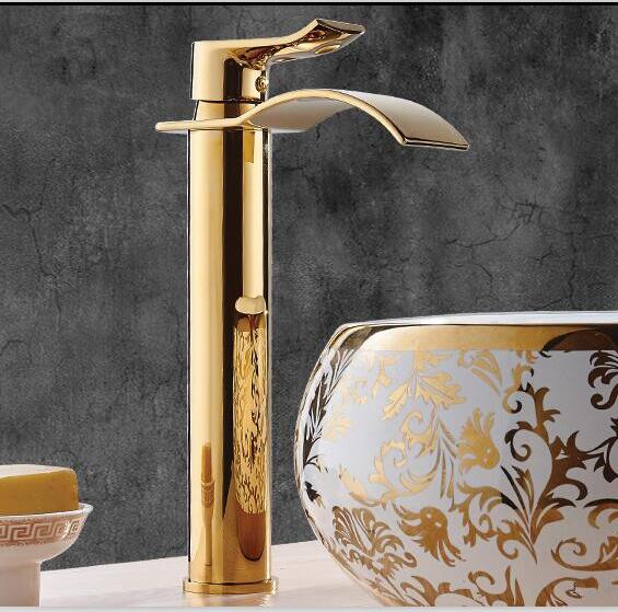 Brass Waterfall Mixer Tap for Vanity Sink Faucet – Gold Tall A