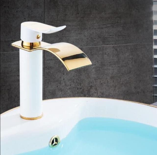 Brass Waterfall Mixer Tap for Vanity Sink Faucet – White and Gold Short