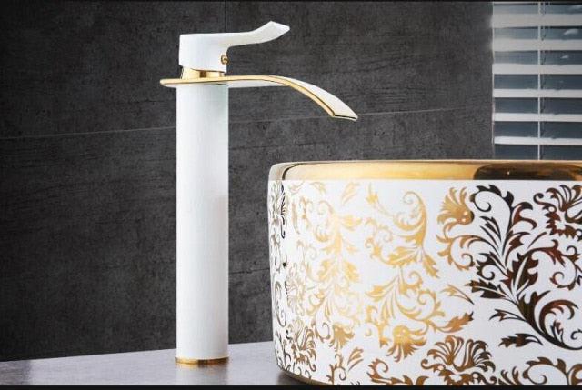 Brass Waterfall Mixer Tap for Vanity Sink Faucet – White and Gold Large
