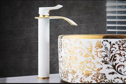 Brass Waterfall Mixer Tap for Vanity Sink Faucet – White and Gold Large