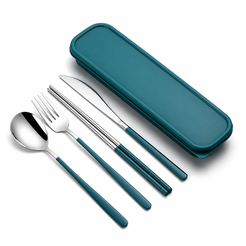 Sustainable Stainless Steel Travel Cutlery Set – Green-Silver