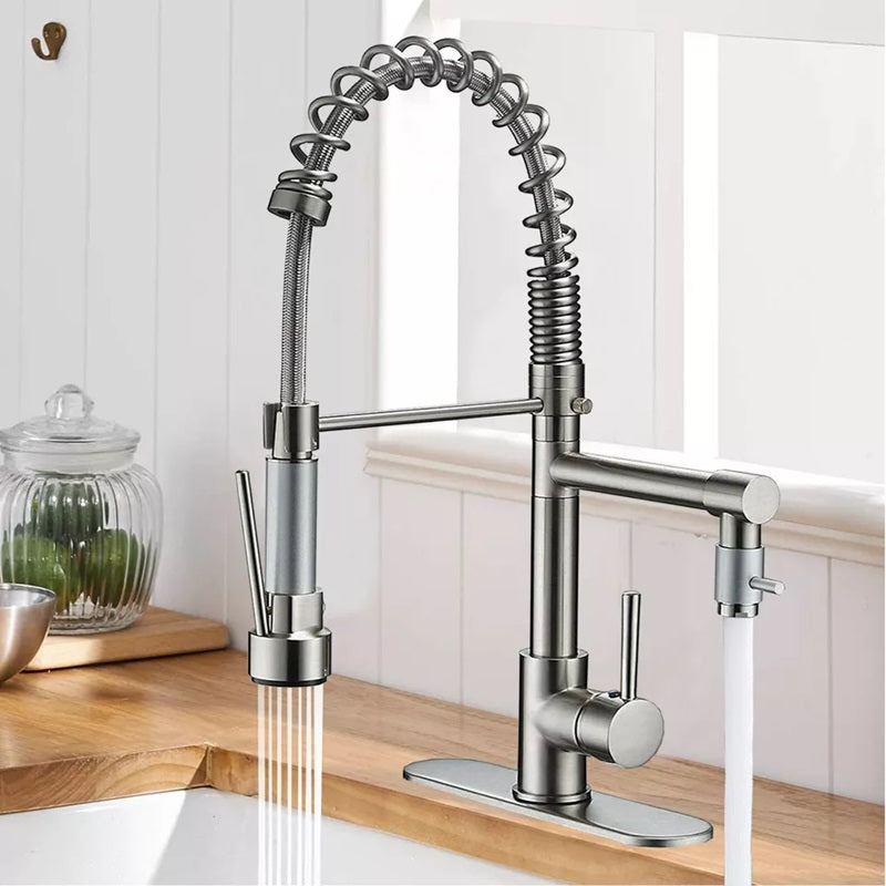 360-Degree Stainless Steel Kitchen Tap with Pull-Down Spring Spout