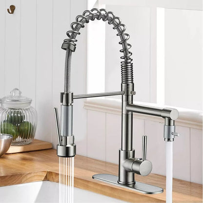 360-Degree Stainless Steel Kitchen Tap with Pull-Down Spring Spout