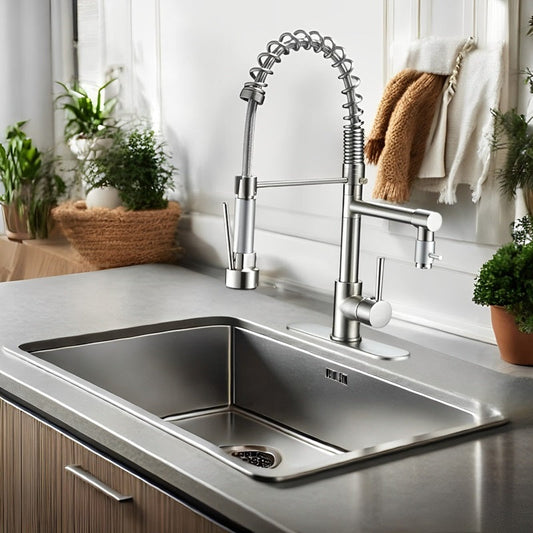 360-Degree Stainless Steel Kitchen Tap with Pull-Down Spring Spout