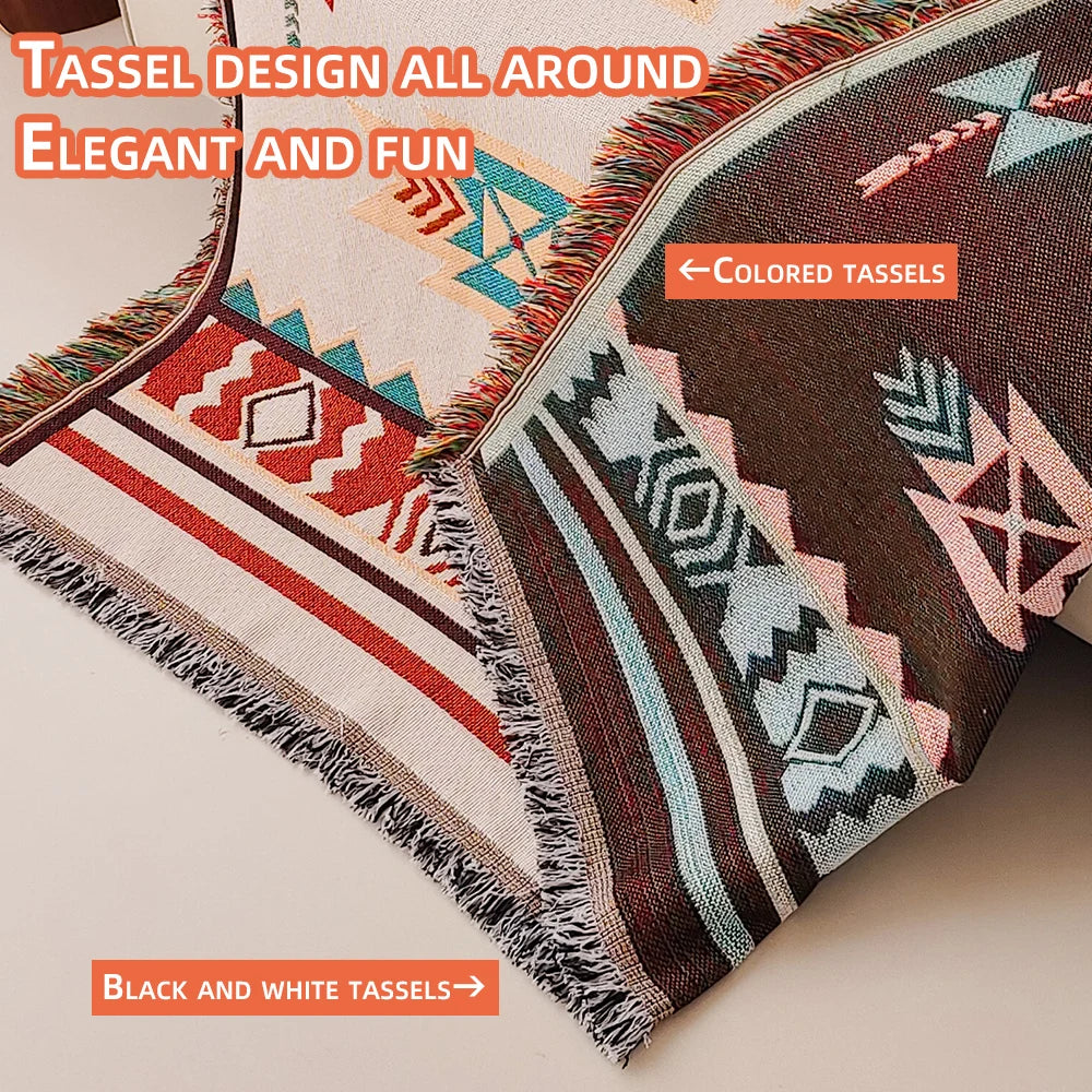 XXL Southwest Ethnic Design Throw Blanket with Fringe Edges - Boho Aztec Checkered Cotton Blend