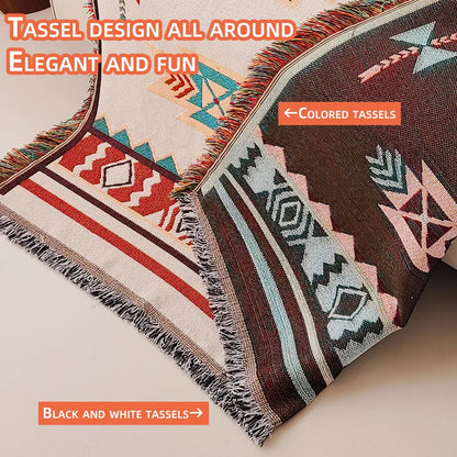XXL Southwest Ethnic Design Throw Blanket with Fringe Edges - Boho Aztec Checkered Cotton Blend
