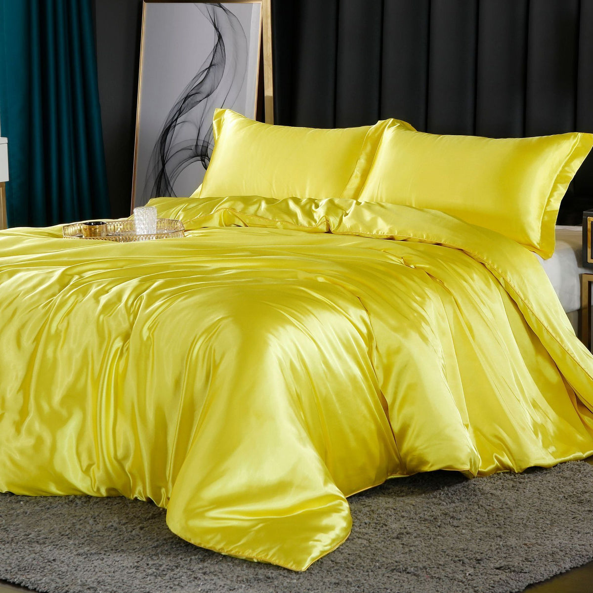 4-Piece Ultra-Soft Luxury Silk Bedding Set (1 Flat Sheet + 1 Duvet Cover + 2 Pillowcases) – Yellow