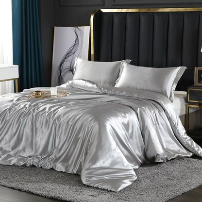 4-Piece Ultra-Soft Luxury Silk Bedding Set (1 Flat Sheet + 1 Duvet Cover + 2 Pillowcases) – Silver Chalice