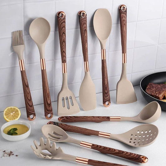 10-Piece Silicone Cookware Set with Wooden Handles – Elegant Kitchen Utensils