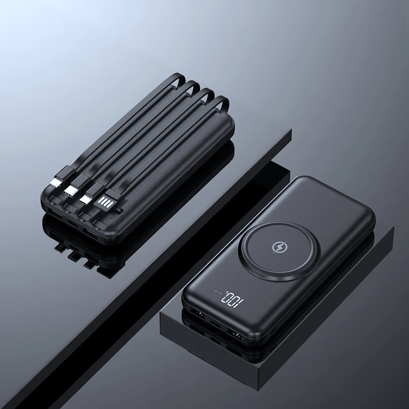 Portable 20000mAh Power Bank – Wireless Charging, 4 Integrated Cables, 6 Ports – Black
