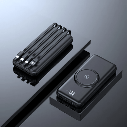 Portable 20000mAh Power Bank – Wireless Charging, 4 Integrated Cables, 6 Ports – Black