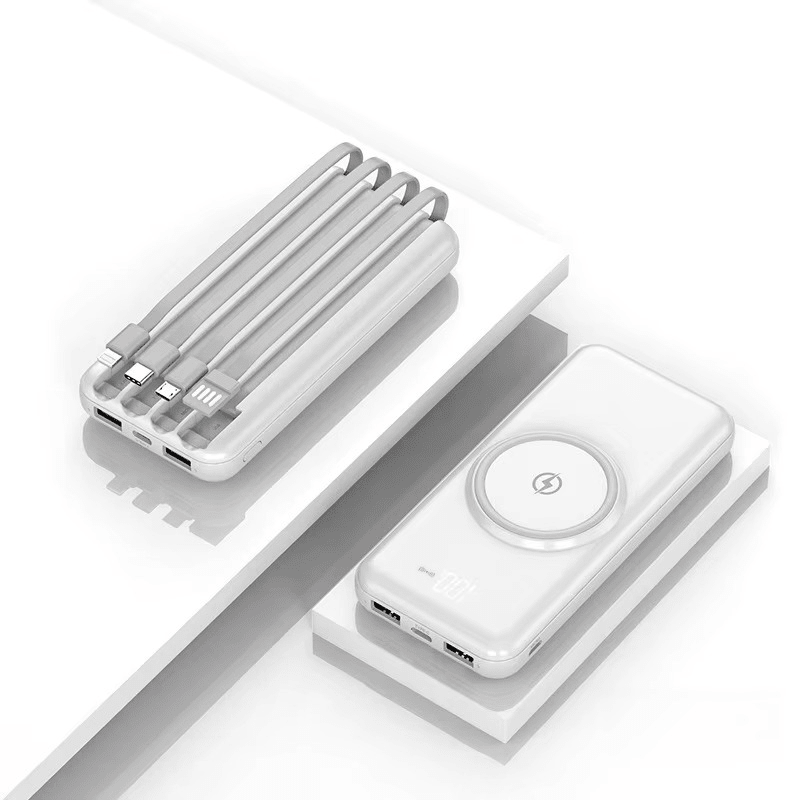 Portable 20000mAh Power Bank – Wireless Charging, 4 Integrated Cables, 6 Ports – White