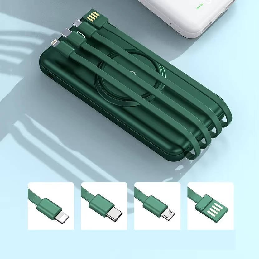 Portable 20000mAh Power Bank – Wireless Charging, 4 Integrated Cables, 6 Ports